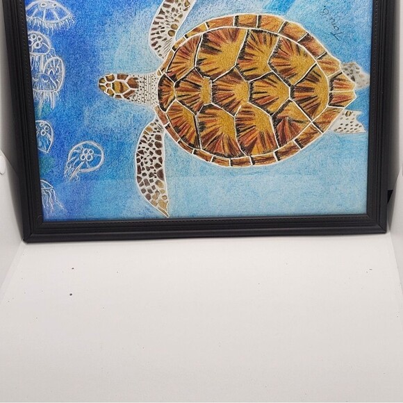 Hand Crafted Sea Turtle Colored Pencil Drawing Framed 9x11" - Picture 6 of 14